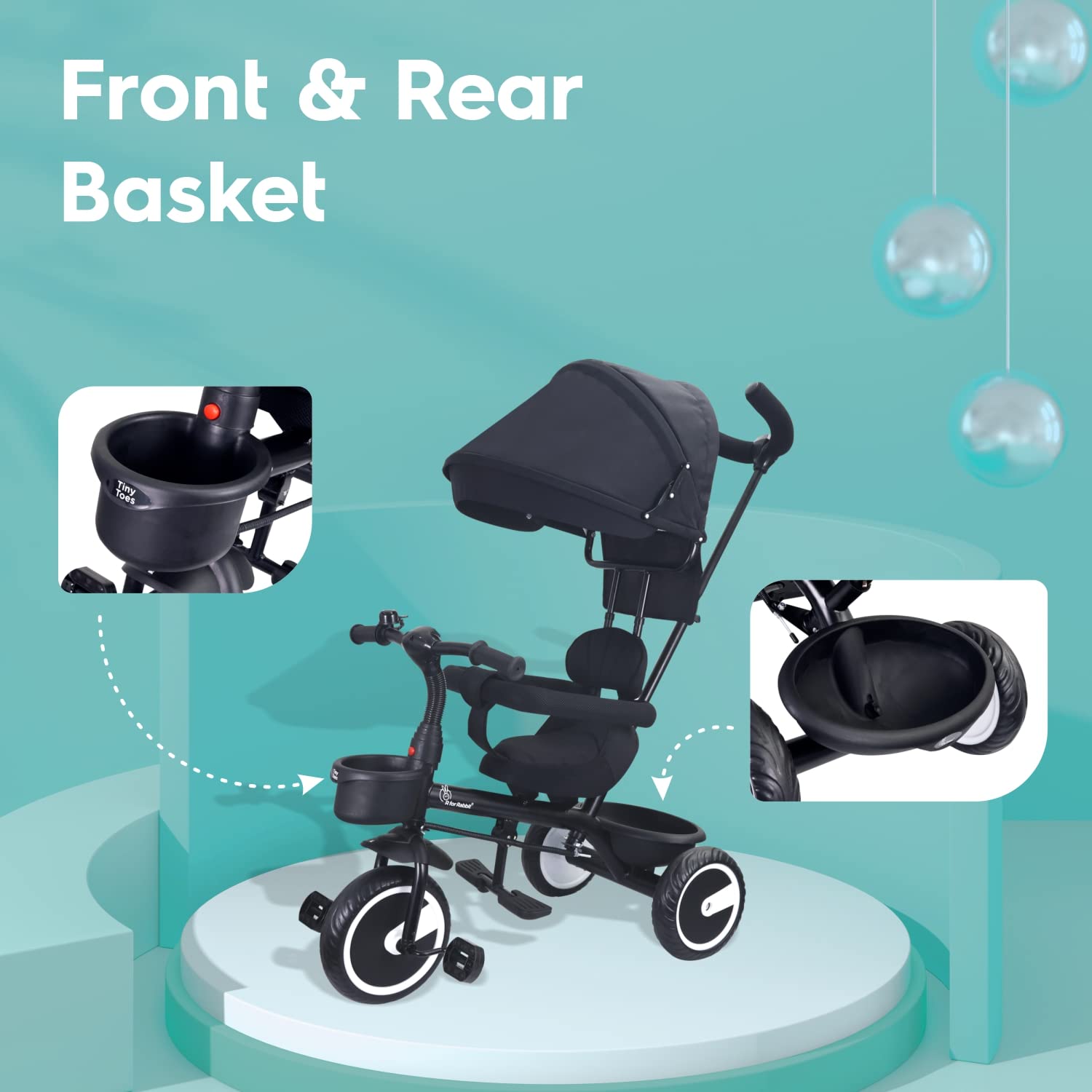Usmile Toys Rabbit Tiny Toes T30 Ace tricycle in navy blue, featuring a removable canopy and a durable frame for growing toddlers. www.usmile.toys